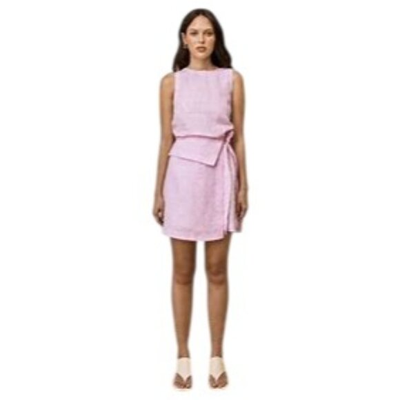 Mon Renn Solar Mini Dress Fondant Pink Linen Ornamental Wrap Size 8 - Picture 3 of 16